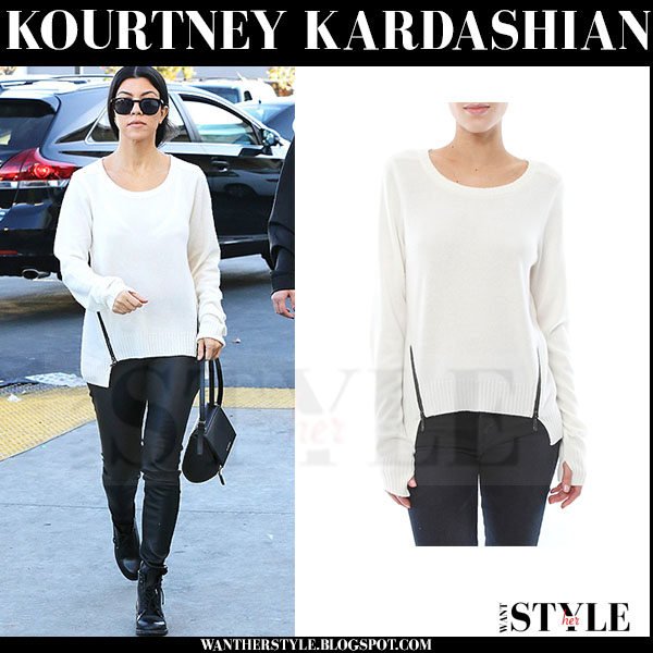 Kourtney Kardashian in white knit zipper sweater and leather pants ...